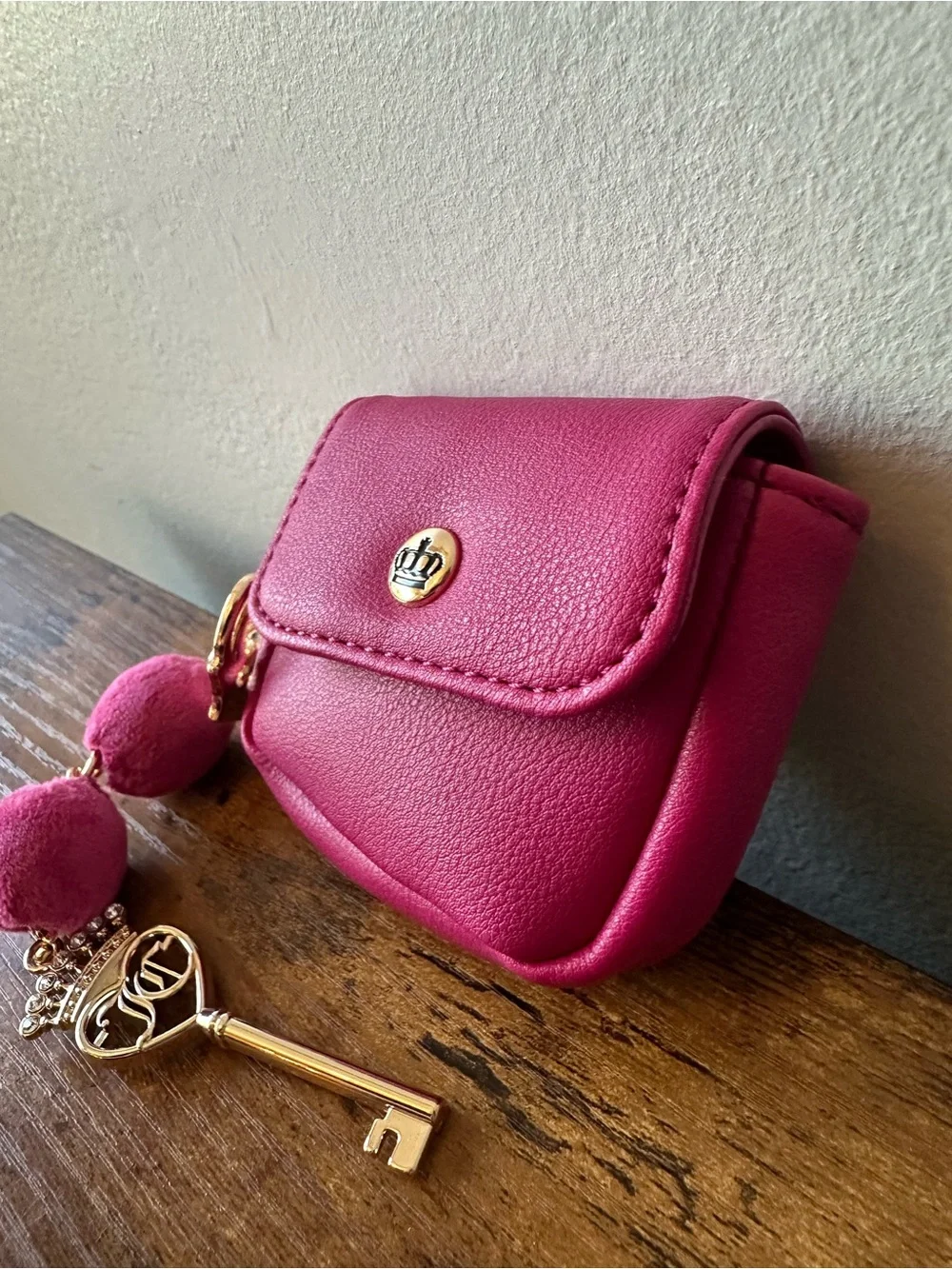 Juicy Couture Hot Pink Mini Coin Purse Keychain Bag Charm w/ Crown, Tassel NWOT